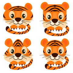 Fototapeta na wymiar Cartoon faces cute tigers in different shapes.