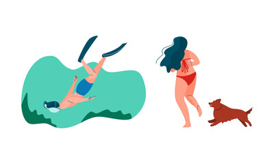 Woman in Swimsuit Walking the Dog and Man Diving Vector Set