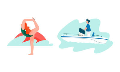Woman in Swimsuit Standing in Yoga Pose and Man Sailing on Motor Boat Vector Set