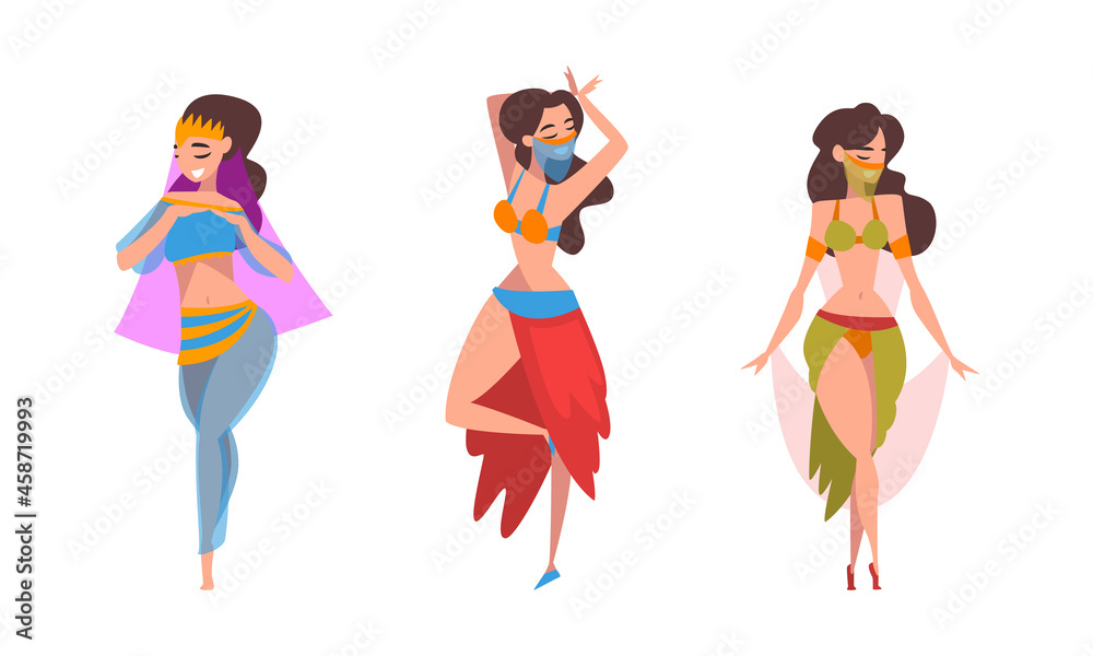 Sticker Beautiful Eastern Woman Dancing Belly Dance Vector Set