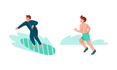 Man with Surfboard Sliding on Wave and Running Along Shore Vector Set