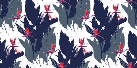 Seamless horizontal pattern with strelitzia flowers and leaves. Floral print with bird of paradise or crane flower. Texture with plants for fabric, web banner, poster. Silhouettes of tropical foliage. - 458719991