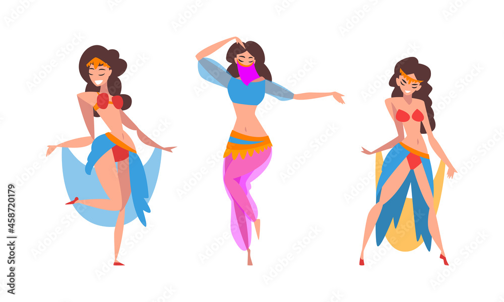 Sticker Beautiful Eastern Woman Dancing Belly Dance Vector Set