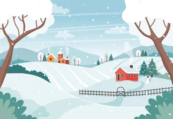 Rollo Winter landscape with trees, fields, houses. Seasonal countryside landscape. Vector illustration in flat style © Biscotto Design