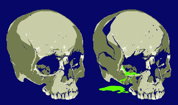 A Halloween skull eight bit retro video game style pixel art icon. Pixel editable image. Element of advertising, banner, poster, rap album cover.