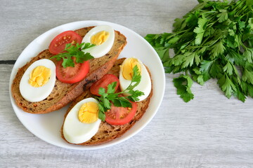 sandwiches with whole grain bread, boiled eggs and tomato slices with parsley on white plate on gray background
