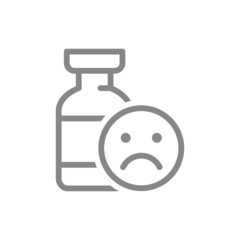 Medical ampoule and sad face line icon. Vaccination, vaccine evaluation, negative feedback symbol