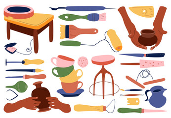 Clay crafting set collection.Pottery making, tools and instruments for workshop. Sculpture art and ceramics production.Clip art set for stationery. Handiwork or hobby.Doodle style, vector.