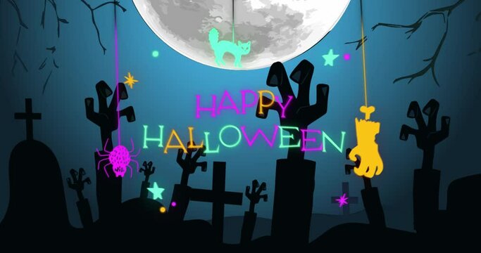 Animation of halloween greetings over cemetery with full moon and night in background