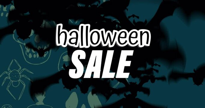 Animation of halloween sale and skulls and bats on dark blue background