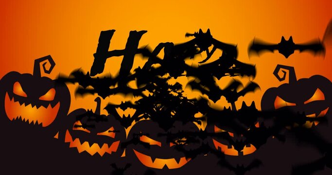 Animation of halloween greetings adn bats over jack o lantern on orange background