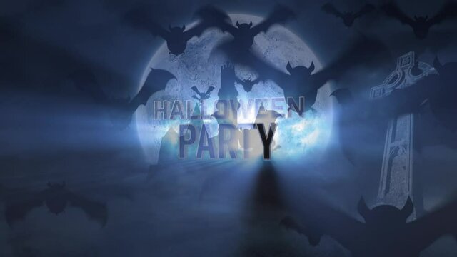 Animation of halloween party and bats over full moon and night sky background