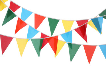Obraz premium Buntings with colorful triangular flags on white background. Festive decor