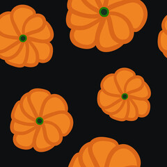 Pumpkin seamless pattern isolated on black background.. Vector cartoon pumpkin view above. Halloween decoration, wallpaper, textile.