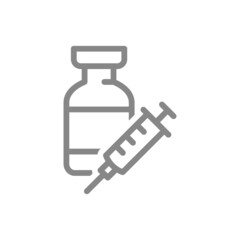 Medical ampoule with syringe line icon. Vaccination, vaccine, immunization, serum, collective immunity symbol