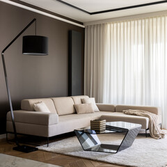 Fancy living room with beige, corner sofa
