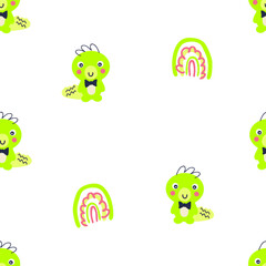 Colorful seamless pattern with dinosaurs and rainbows. Perfect for scrapbooking, poster, textile and prints. Hand drawn vector illustration for decor and design.
