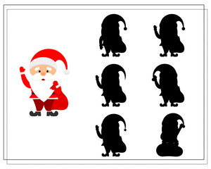 A logical game for children, find the right shadow. cartoon santa with a bag. vector isolated on a white background