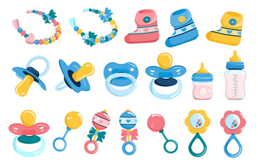 Newborn baby products set in flat Style.Milk bottle with nipple,dummy pacifier,beanbag,booties for infant kids and bracelet with beads for name.First tooth,Child birthday invitation elements.Vector