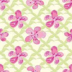 Sakura blossom seamless vector pattern background. Cherry pink petals on green leaf lattice backdrop. Feminine repeat floral botanical design with spring buds. Elegant all over print for wellbeing