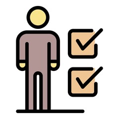 Human figure and checkboxes icon. Outline human figure and checkboxes vector icon color flat isolated