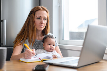 Young freelancer mother working remotely from home. Focused woman using laptop for work or studying sitting in the kitchen at home with baby on her laps, websurfing and taking notes while babysitting