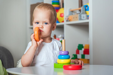 Handsome toddler plays with wooden toys in kindergarten or in children's room close-up and copy space...
