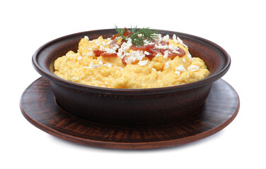 Tasty banosh with brynza and pork cracklings in bowl isolated on white. Traditional Ukrainian dish