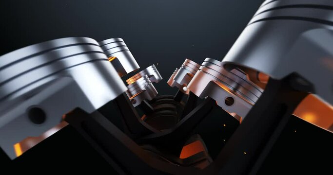 Close Up V8 Engine Animation With Moving Pistons And Crankshaft. Perfect Loop. Industry And Technology Concept.