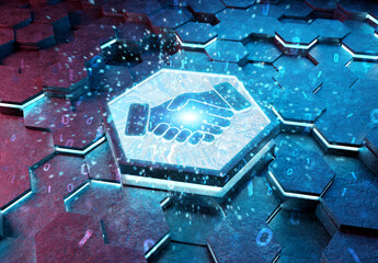 Handshake icon concept engraved on metal hexagonal pedestral background. Partnership logo glowing on abstract digital surface. 3d rendering