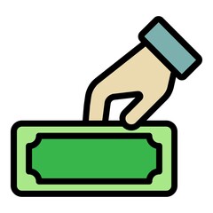 Hand giving a banknote icon. Outline hand giving a banknote vector icon color flat isolated