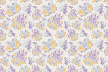 A magical, seamless pattern of purple crystal illustrations, decorated with a composition, a bouquet of succulent flowers on a beige background
