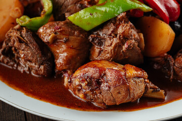 Closeup on chinese national dish dapanji with stewed chicken and potato
