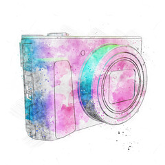 Stylised watercolour sketch of a modern camera in pastel tones.