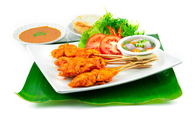 Spicy Chicken Satay or Spicy Grilled Chicken in Skewers served Grilled Bread dipping chili peanut Sauce