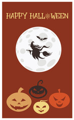 Halloween holiday vector poster witch pumpkin art moon design