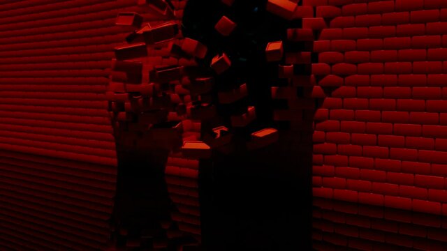 Moment of destroying a red brick wall turned backwards by concrete spheres on a dark background. Design. Breaking a wall with many bricks falling down, concept of construction.