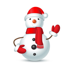 Smiling Christmas snowman in a red hat with a bubo and a scarf waving his hand in a mitten. Vector illustration.