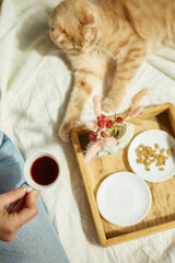 Woman sitting on the bed, and drink coffee, cat feeding