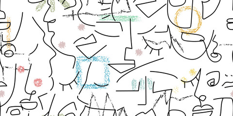 One line drawing. Abstract face seamless pattern.