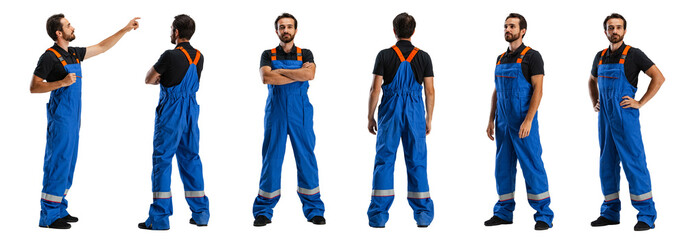 Profile, front and back view of man, male auto mechanic in dungarees standing alone isolated on...
