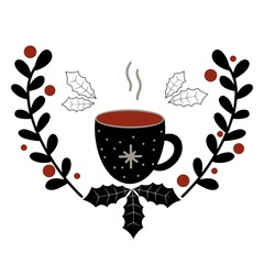 Christmas and New Year card with a cup of tea, leaves and berries vector illustration. Template for printing. Cozy winter banner, warming illustration, hand drawing.