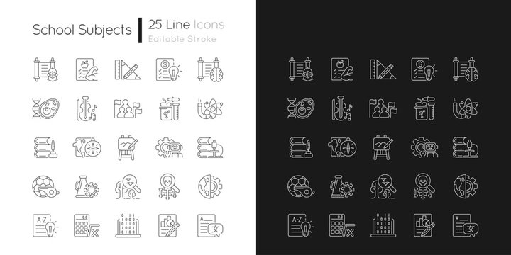 School subjects linear icons set for dark and light mode. Humanities and applied sciences. Physical education. Customizable thin line symbols. Isolated vector outline illustrations. Editable stroke