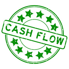 Grunge green cash flow word with star icon round rubber seal stamp on white background