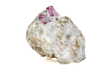 Macro mineral stone Ruby in rock on white background