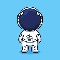 Little Astronaut on the moon with rocket and pieces of equipment cute line art illustration