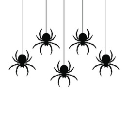 Black spiders hanging on a web.  Vector illustration.