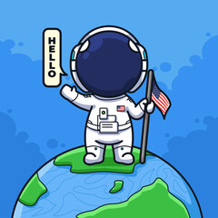 Little Astronaut on the moon with rocket and pieces of equipment cute line art illustration