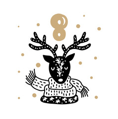 Advent calendar with cute scandinavian hand drawn vector. Twenty-four days before Christmas. Eighth Day. Winter Illustration of nordic Deer