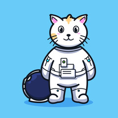 Little Astronaut on the moon with rocket and pieces of equipment cute line art illustration